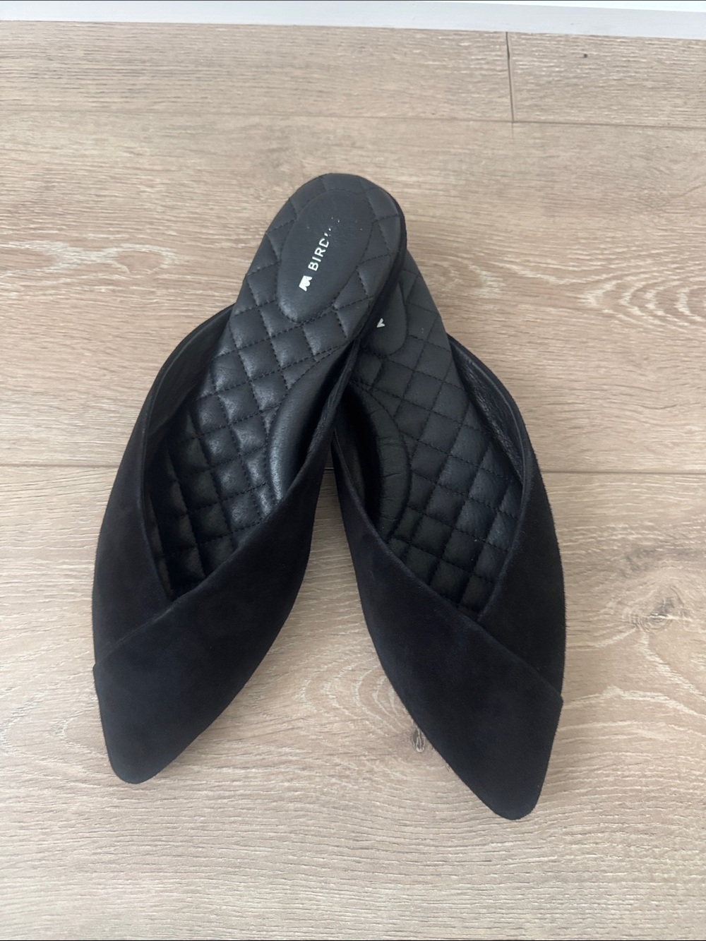 Birdies THE SWAN Black Quilted-Style Suede Pointed Mules